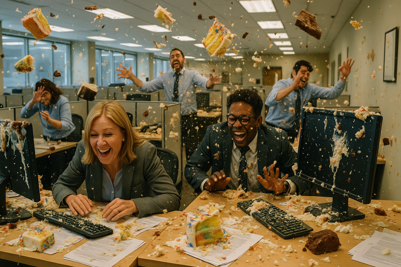 An office environment with cake flying everywhere
