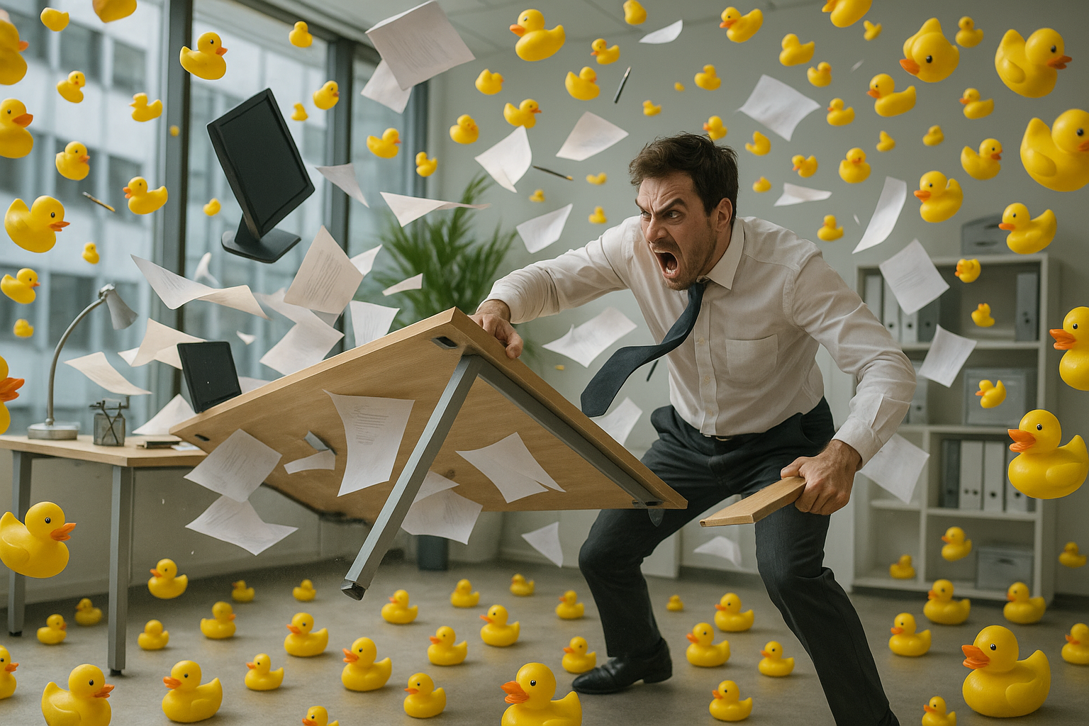 A man flipping his office desk with a huge quantity of rubber ducks going flying 